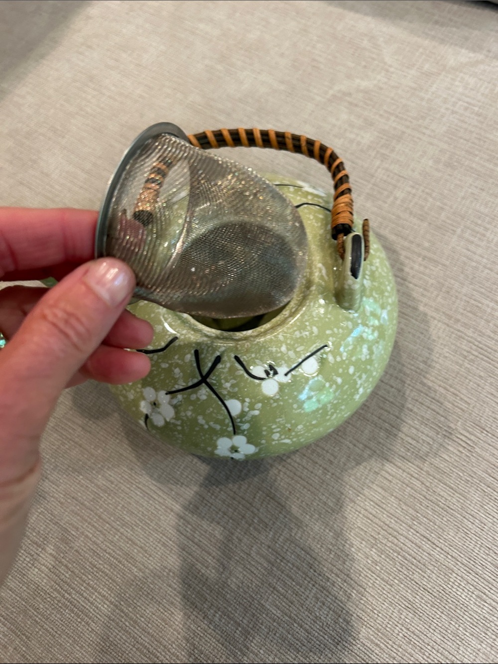 Japanese style ceramic Floral Teapot with Woven Handle image 3